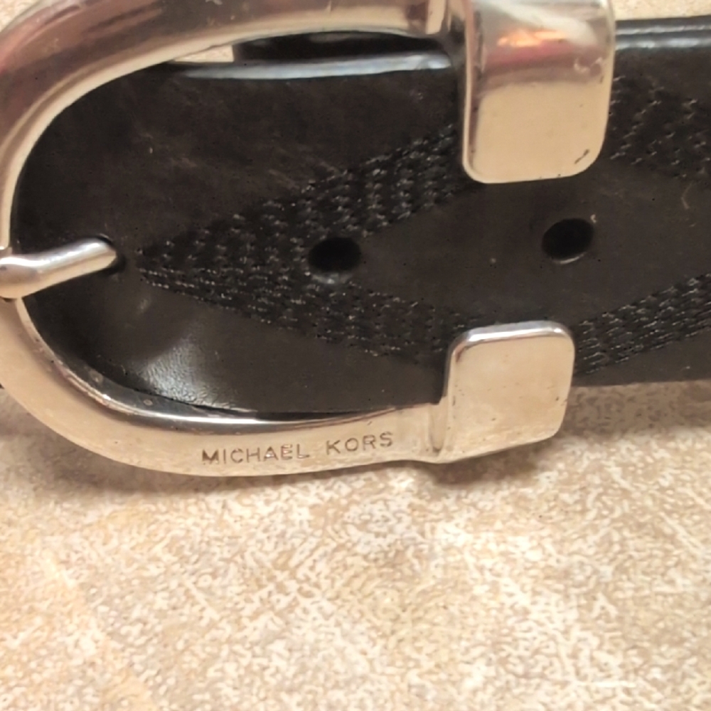 Michael Kors Black Leather Belt with Horseshoe Silver Buckle